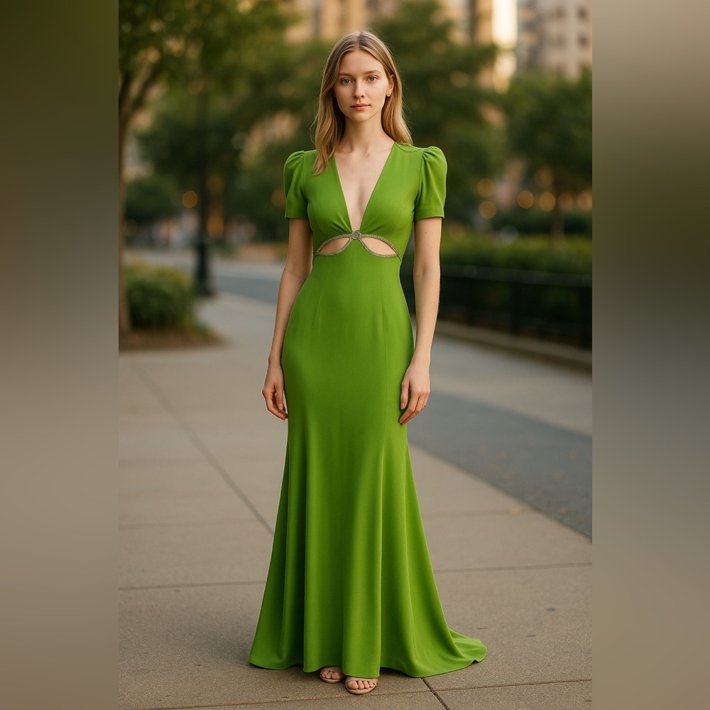 NWT Mac Duggal Plunge Neck Puff Sleeve Cut Out Gown Apple Green 10